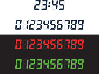 Fototapeta premium Digital seven-segment number set inspired by classic LCD and LED displays. Includes red, green, and dark styles—ideal for clocks, timers, scoreboards, and retro interfaces. Fully editable vector for U