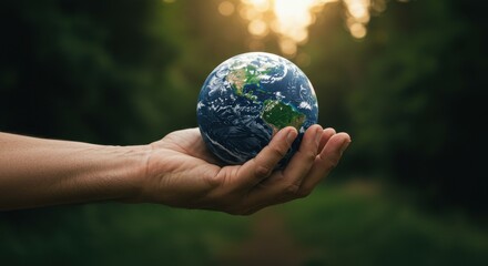 Person holding a globe in a lush forest, symbolizing environmental awareness