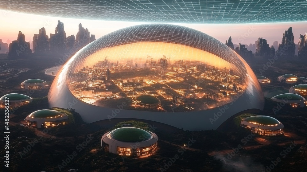 Poster a futuristic megacity is encapsulated by a transparent dome, reflecting advanced green architecture,