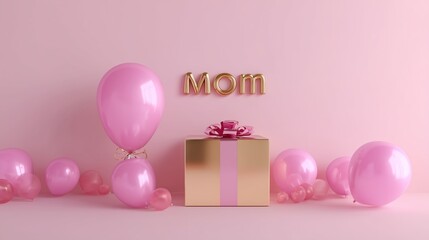 Decorative setup for Mother's Day celebration with pink balloons and a golden gift box for mom