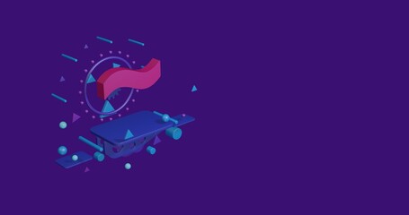 Pink tilde symbol on a pedestal of abstract geometric shapes floating in the air. Abstract concept art with flying shapes on the left. 3d illustration on deep purple background