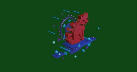 Red raccoon symbol on a pedestal of abstract geometric shapes floating in the air. Abstract concept art with flying shapes in the center. 3d illustration on green background