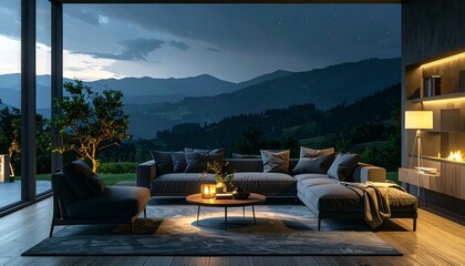 Cozy interior design with mountain view at dusk, featuring a modern living room with a sectional sofa, ambient lighting, and a fireplace, creating a relaxing atmosphere.
