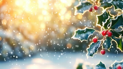 Winter's Holly Embrace: A close-up of holly branch with vibrant red berries, delicately frosted by snow. Bathed in soft, natural light, evoking the spirit of winter and festive cheer.