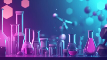 Medicine chemistry and biology laboratory with dna science analysis and pharmacy technology equipment, healthcare research in a clinical digital environment with copy space for banner or greeting card