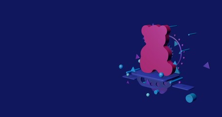 Pink teddy bear symbol on a pedestal of abstract geometric shapes floating in the air. Abstract concept art with flying shapes on the right. 3d illustration on indigo background