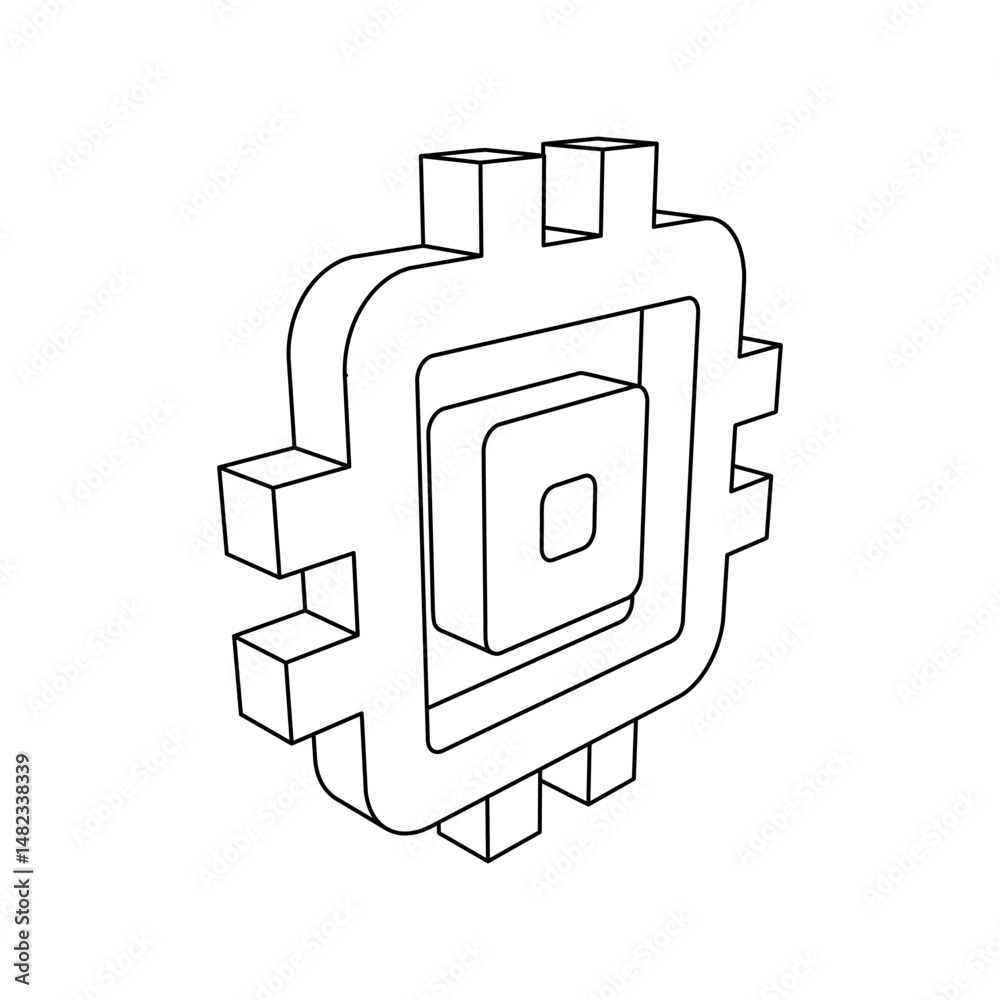 Poster the outline of a large chip symbol is made with black lines. 3d view of the object in perspective. v