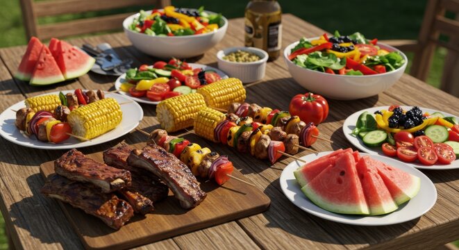 Outdoor barbecue feast with ribs, salad, and watermelon on a wooden table for summer gatherings, picnics, and food photography - Powered by Adobe