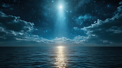 Serene ocean view under starry sky with bright beam of light reflecting on water