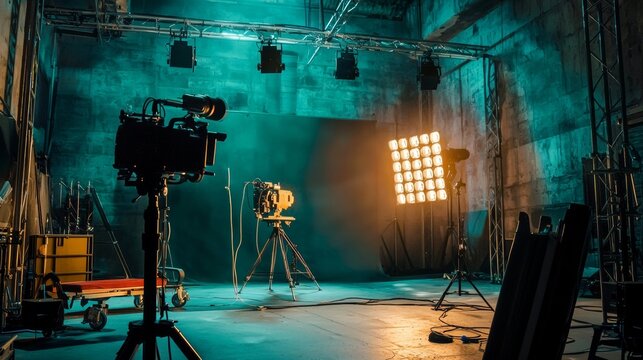 Film studio with lights and cameras for cinematic production behind the scenes creative entertainment