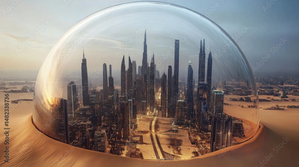 Aufkleber a dome encapsulates a sprawling metropolis in a desert landscape, featuring innovative green spaces 