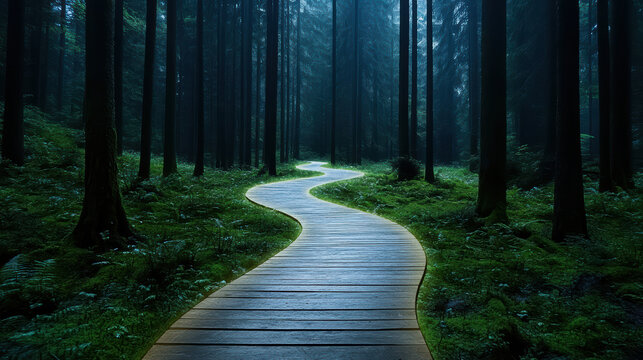 Winding forest path illuminated softly, surrounded by tall trees and lush greenery
