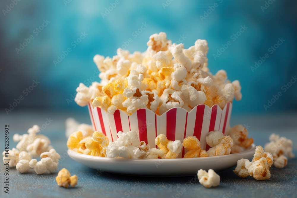 Poster overfilled container of buttery popcorn on a blue surface. a classic movie snack ready to enjoy. per