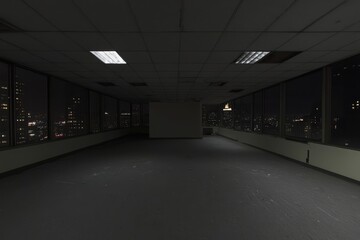 Empty office space at night, city view