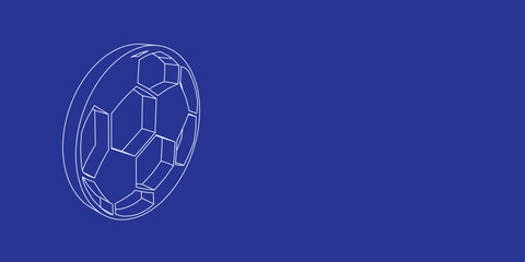 The outline of a large football symbol made of white lines on the left. 3D view of the object in perspective. Vector illustration on indigo background
