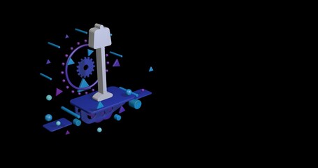 White floor lamp symbol on a pedestal of abstract geometric shapes floating in the air. Abstract concept art with flying shapes on the left. 3d illustration on black background