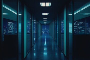 Empty office corridor at night. City lights reflected in mirrored walls