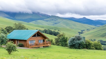 Mountain Cabin Retreat: A cozy wooden cabin with a teal roof nestled on a verdant hillside, overlooking a breathtaking panorama of rolling green mountains under a cloudy sky.