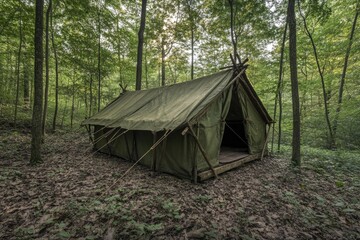 Rustic canvas tent nestled in a verdant forest
