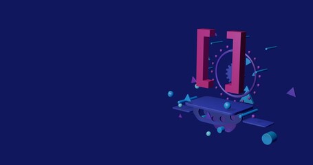 Pink square brackets symbol on a pedestal of abstract geometric shapes floating in the air. Abstract concept art with flying shapes on the right. 3d illustration on indigo background
