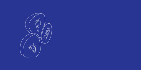 The outline of a large divination stones symbol made of white lines on the left. 3D view of the object in perspective. Vector illustration on indigo background
