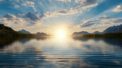 Fototapeta premium Breathtaking sunrise over tranquil lake, reflecting mountains and clouds
