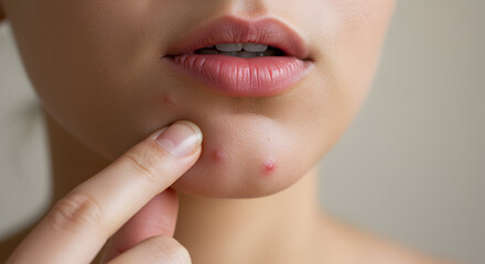 Obraz premium Close Up Portrait Of Young Woman Touching Acne On Chin Against Neutral Background Dermatology Concept