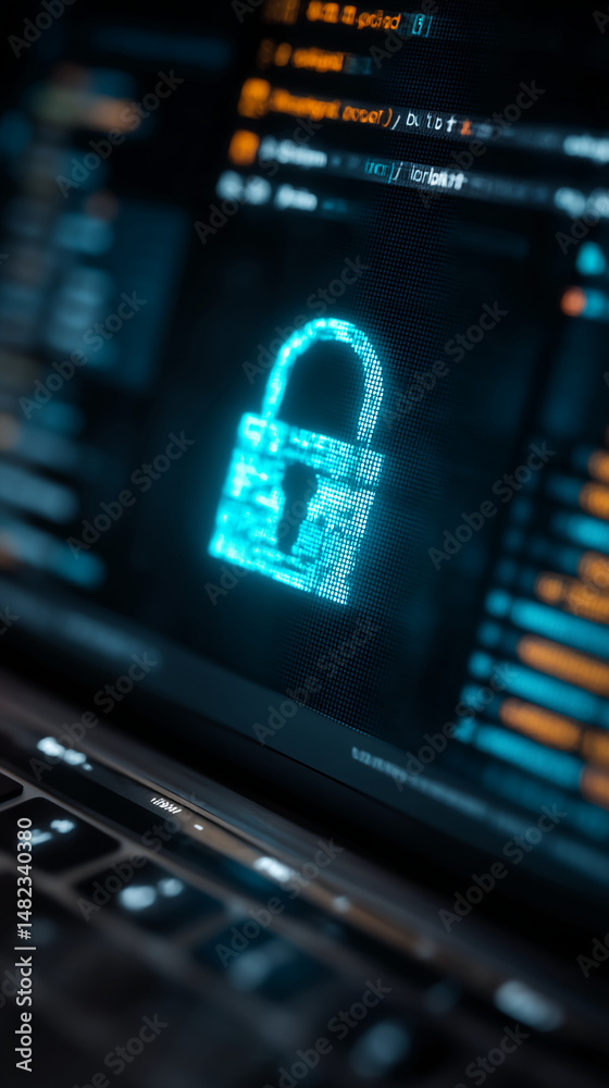Poster close-up of laptop screen displaying glowing padlock icon within code, symbolizing digital security 