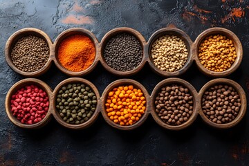 Fototapeta premium Variety of Fish Food Pellets and Powders on Dark Background for Aquarium Enthusiasts