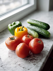 Fresh tomatoes, cucumbers, and peppers on a kitchen counter.
