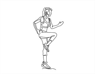 Single continuous line drawing of young sportive woman training pose in sport gymnasium club center. Fitness stretching concept. Trendy one line draw design vector illustration. Editable stroke.	