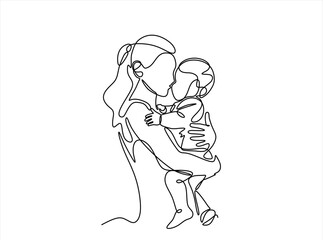 Continuous one line drawing. Woman hold her baby. Happy Mother day card. Vector illustration. Editable stroke.	