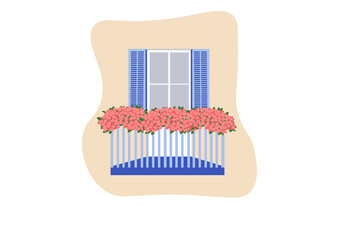 Mediterranean Balcony with Pink Flowers &mdash; Flat Vector Design