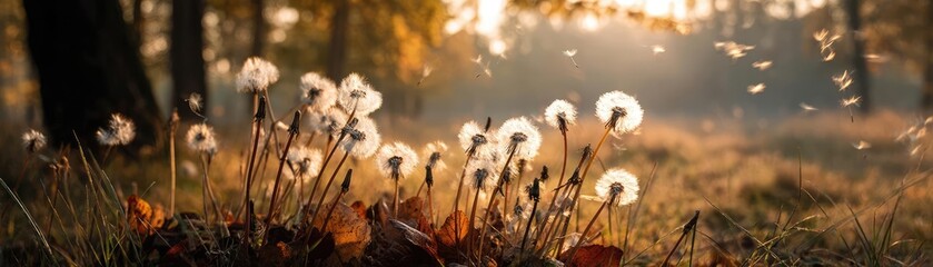 Obraz premium Blowing in the wind across field with leaves and dandelion concept. A serene scene of dandelions glowing in soft autumn sunlight.