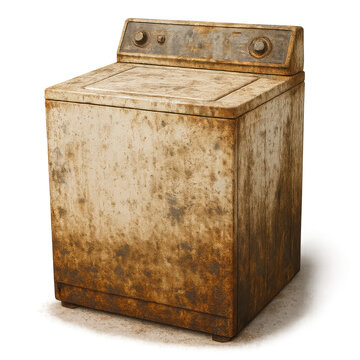 Old rusty washing machine with heavy corrosion and dirt stains, showing wear and neglect over time in vintage style