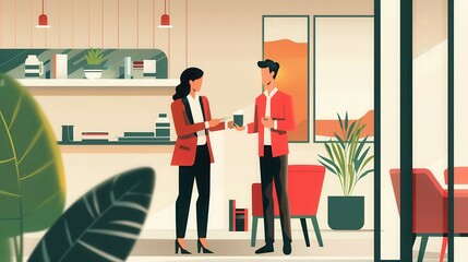 Business professionals exchanging items in a modern office space with plants and artwork present