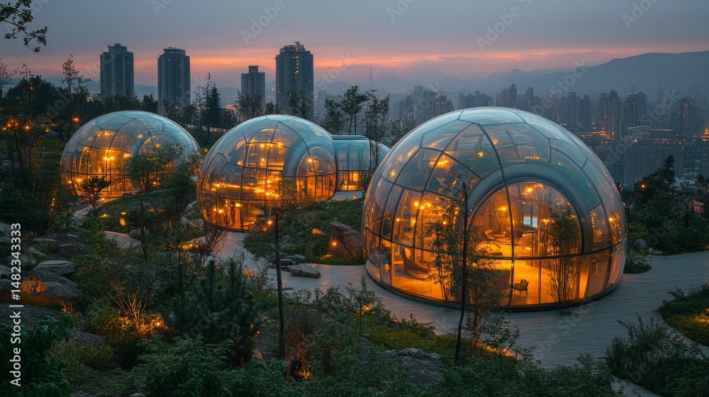 Poster dome buildings adorned with soft lights stand against a twilight skyline, showcasing innovative desi