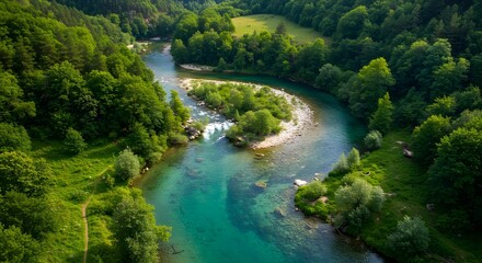 River Flowing Through Lush Green Forest Landscape Aerial View