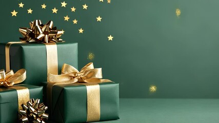 Elegant christmas gift present wrapped in golden paper with green ribbons and surrounded by golden stars and confetti on a background Copy space for text video 4k - Powered by Adobe