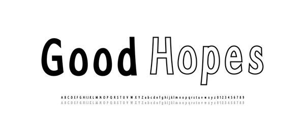 Bold and outline sans serif font. Stylish display typeface with geometric shapes. Includes uppercase, lowercase letters and numbers.