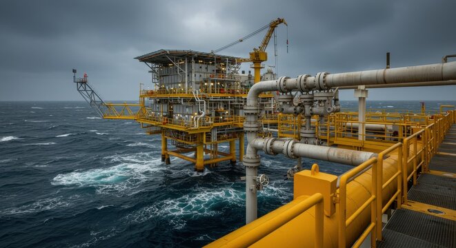 Offshore oil platform amidst turbulent seas under cloudy skies, showcasing industrial activity