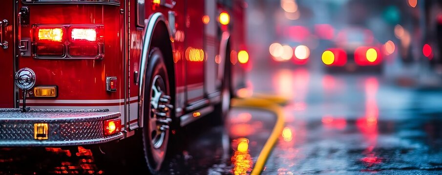 Firetruck on rainy street, blurred lights