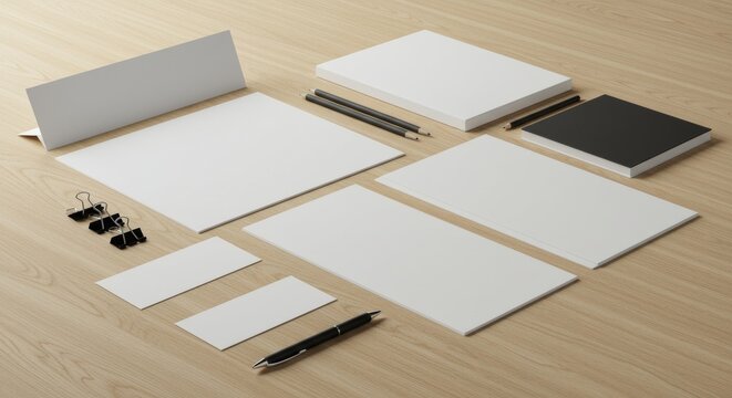 Blank stationery set on light wooden surface. Professional business supplies arranged in a clean, organized presentation. - Powered by Adobe