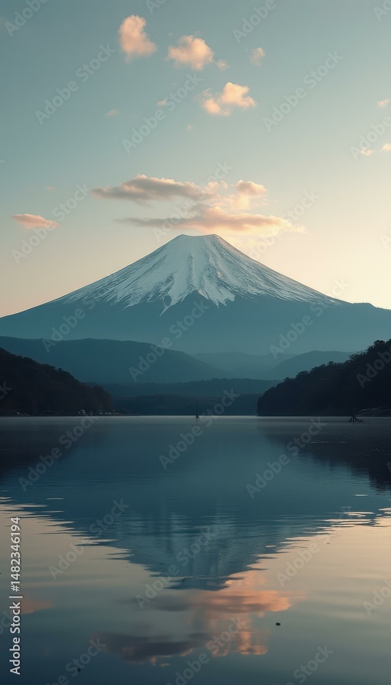 Poster serene snow-capped peak reflected in calm lake at dawn, with soft clouds and gentle light