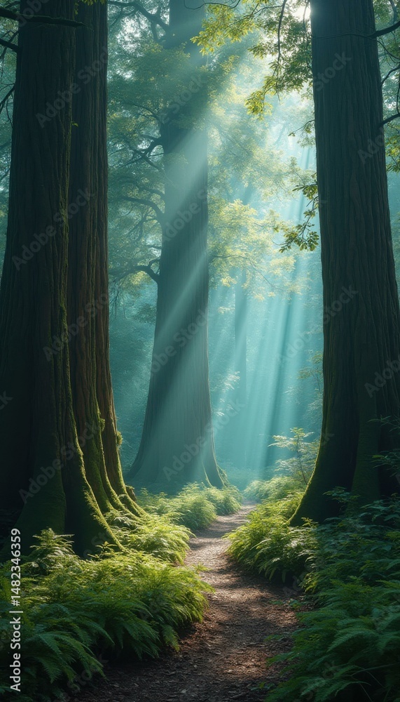Aufkleber Forest pathway with sun rays filtering through tall trees, creating a serene and mystical atmosphere