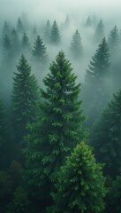Lush coniferous forest shrouded in mist, creating a tranquil and atmospheric natural scenery
