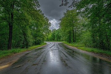 Obraz premium Wet road curves through lush green forest under a stormy sky