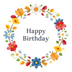 Vibrant Floral Happy Birthday PNG on Transparent Background,Colorful Watercolor Blossoms Wreath for Birthdayparty Invitation Designs,Flower Circle Clipart,,Birthday DIY Crafts