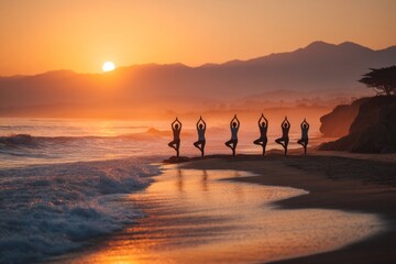 Group of individuals practicing yoga at sunrise on a tranquil beach with gentle waves and a scenic backdrop