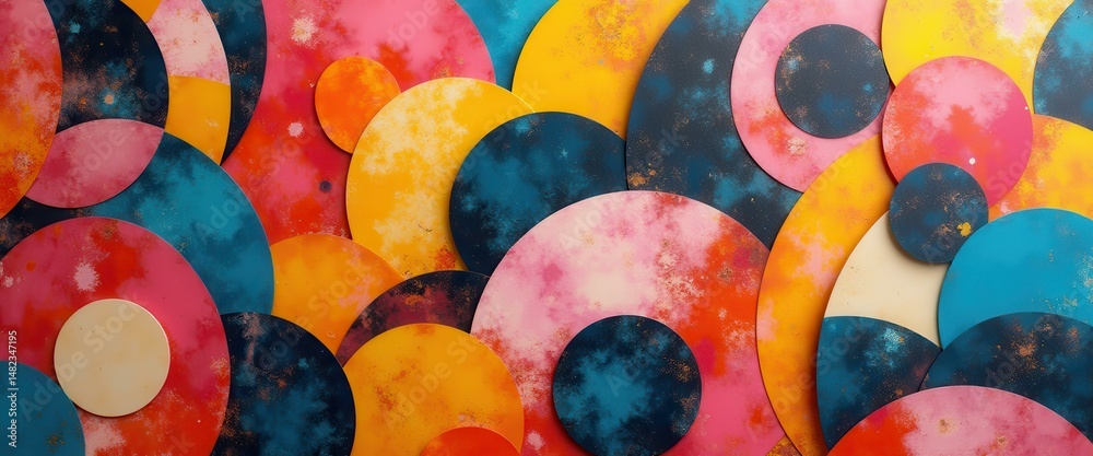 Poster Colorful Abstract Background with Overlapping Textured Circles - Artistic Design Element with Vivid Tones and Textural Variations